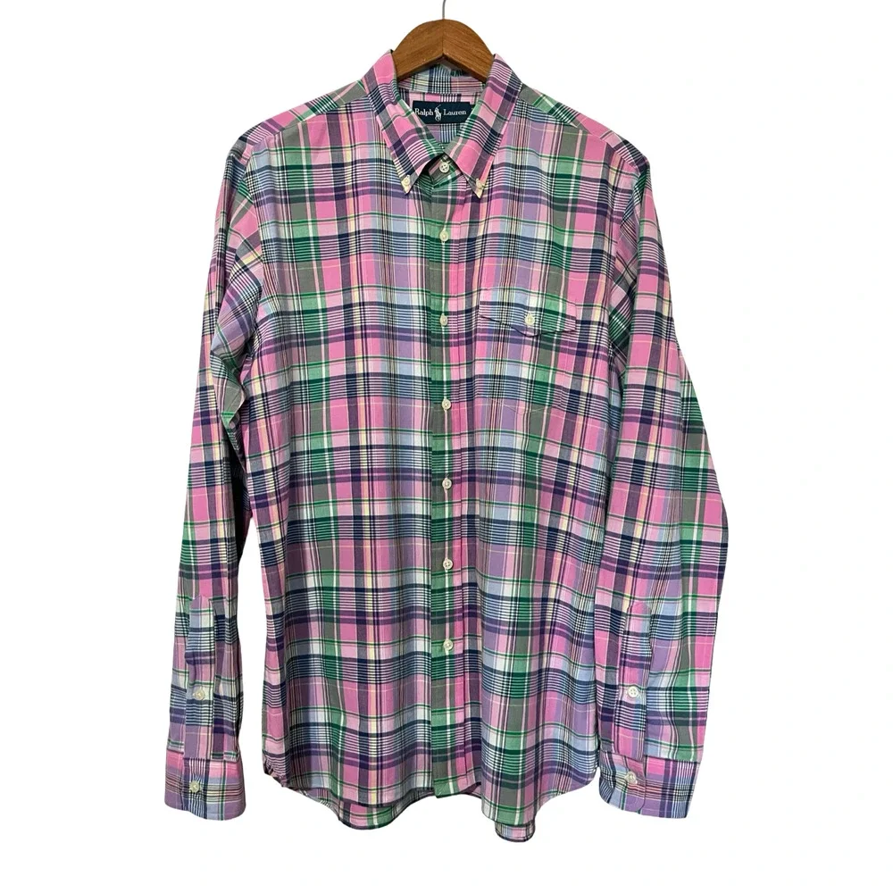 Ralph Lauren Mens Plaid Long Sleeve Button Up Shirt Size L‎ Preppy Church Office